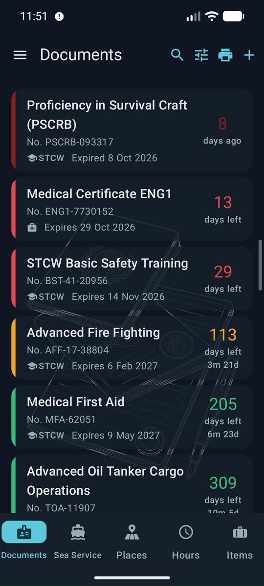 Documents screen: certificates with days left, coloured by how soon they expire