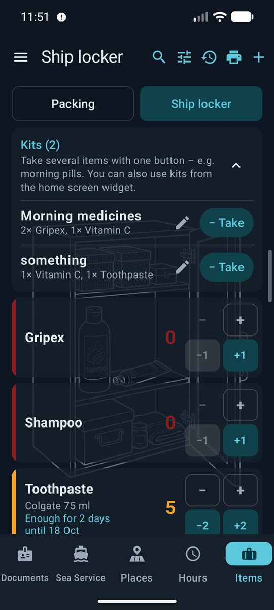 Ship locker with items and kits