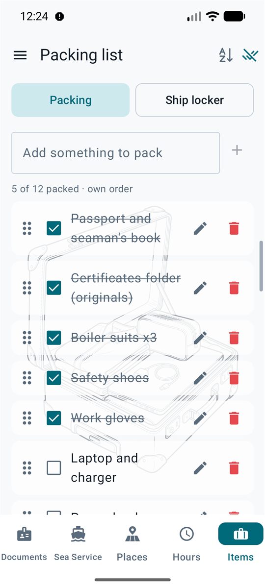 Packing list, in the Light theme