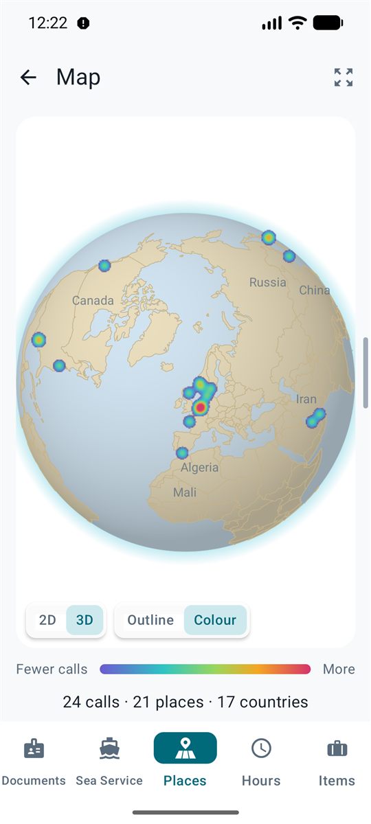 3D globe coloured by how often each place was visited