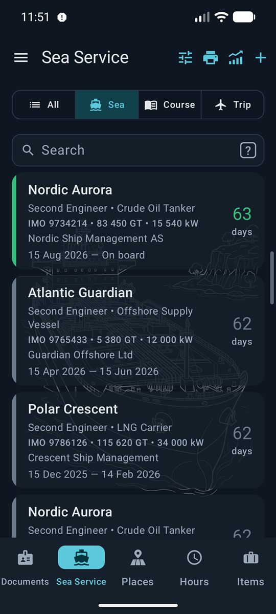Sea service record with contracts
