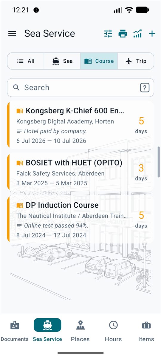 Courses in the sea service record, in the Light theme